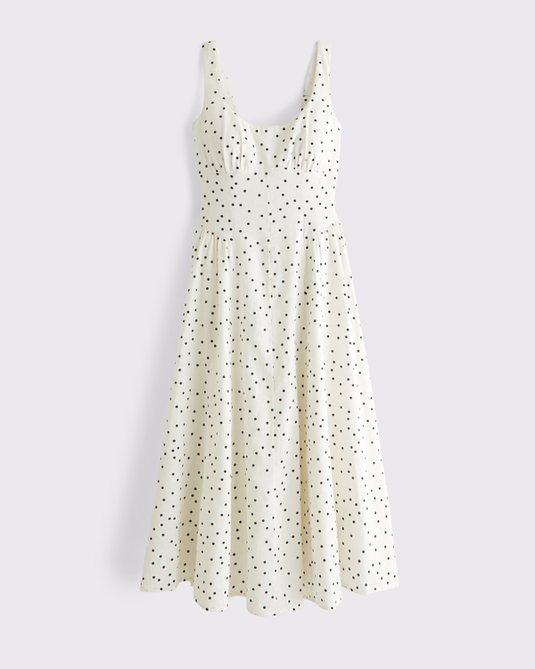 Linen-Blend A&F Bra-Free Dylan Midi Dress, White Dot view 1