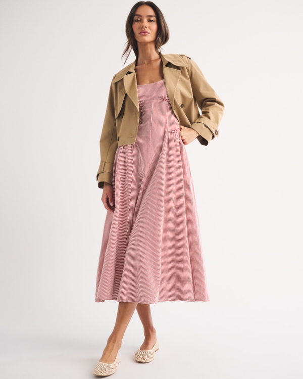 Linen-Blend A&F Bra-Free Dylan Midi Dress, Red Stripe view 1