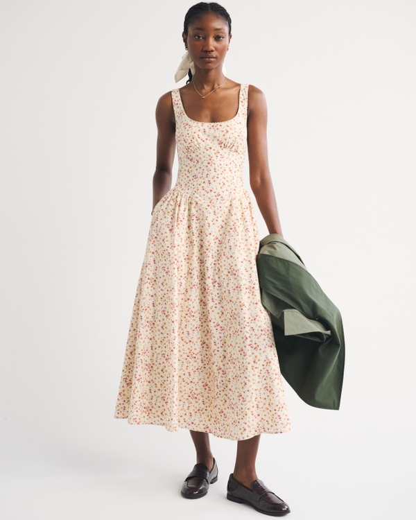 100% Cotton A&F Bra-Free Dylan Midi Dress, Cream Floral view 2
