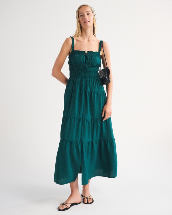 Bra-Free Button-Through Smocked Maxi Dress, Emerald view 1