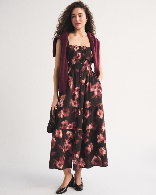 Bra-Free Button-Through Smocked Maxi Dress, Espresso Floral Print view 1