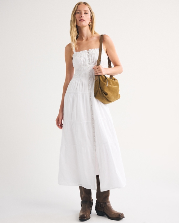 Bra-Free Button-Through Smocked Maxi Dress, White view 1