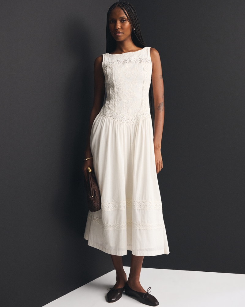 100% Cotton Lace-Trim Slash Midi Dress - thumbnail 2