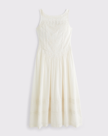 100% Cotton Lace-Trim Slash Midi Dress