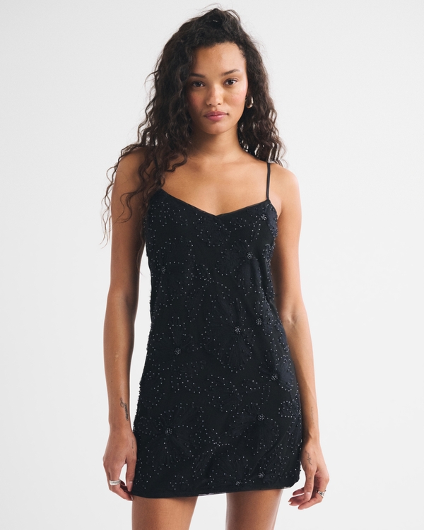 Bra-Free Beaded Mesh Mini Dress