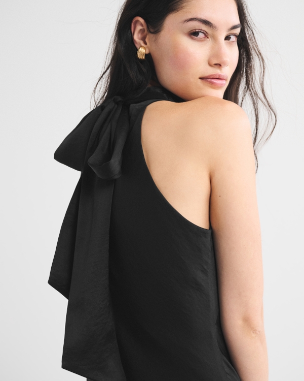 High Neck Satin Mini Dress, Black view 2