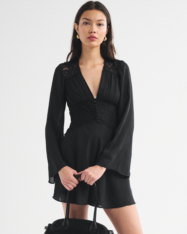 Bra-Free Lace-Trim Mini Dress, Black view 1