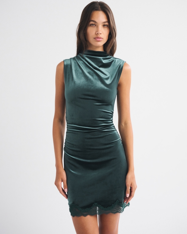 Bra-Free Lace-Trim Velvet Mock Neck Mini Dress