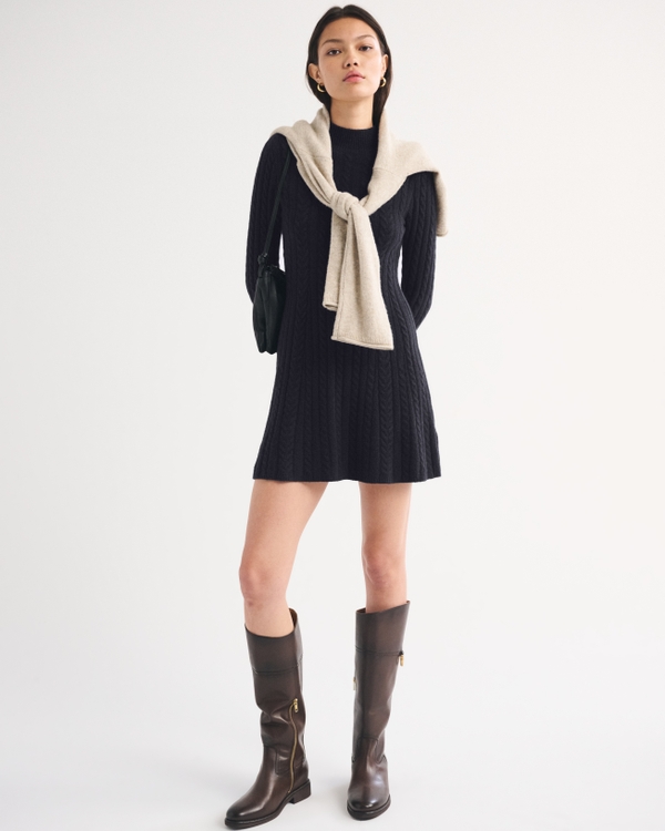 Cable Mock Neck Mini Sweater Dress, Black view 2