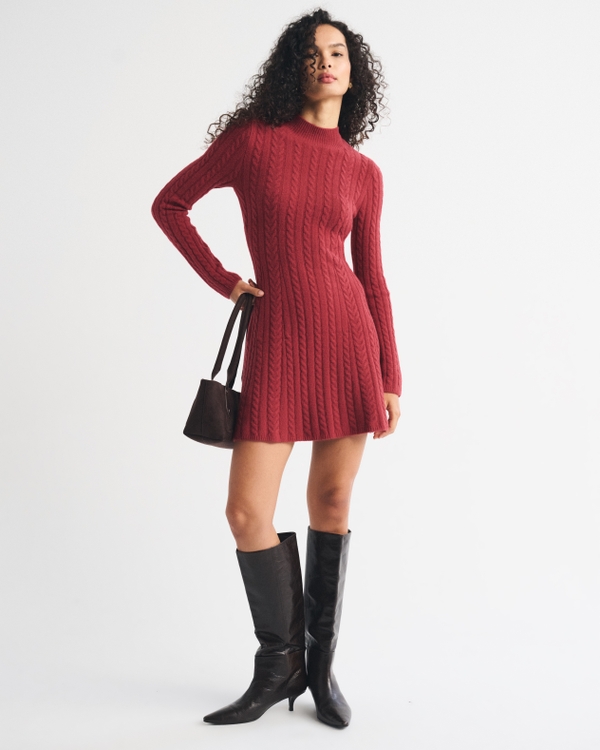 Mock Neck Cable Mini Sweater Dress, Red view 2