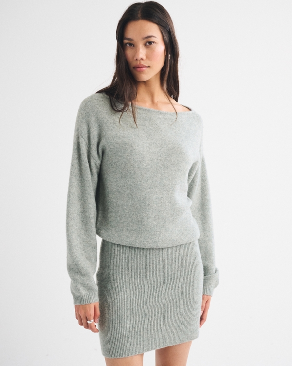 Merino Wool-Blend Slash Neck Mini Sweater Dress