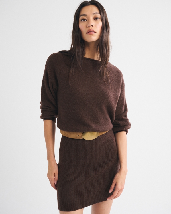 Merino Wool-Blend Slash Neck Mini Sweater Dress