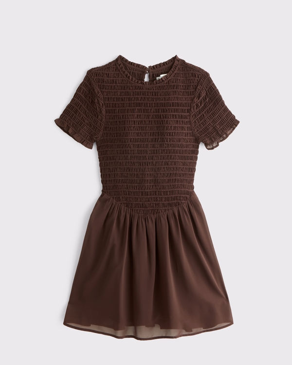 Smocked Dipped-Waist Crepe Mini Dress