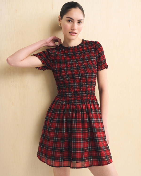 Smocked Dipped-Waist Crepe Mini Dress