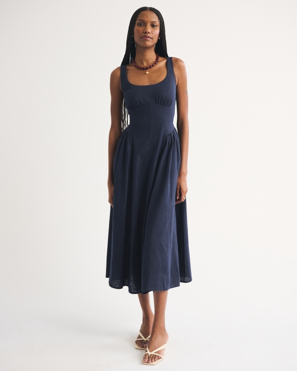Linen-Blend A&F Bra-Free Dylan Midi Dress, Muted Navy view 1
