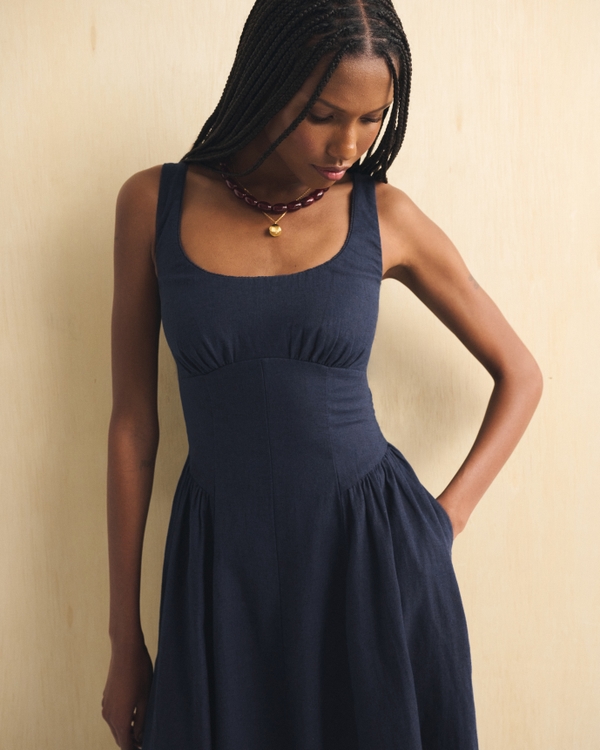 Linen-Blend A&F Bra-Free Dylan Midi Dress, Muted Navy view 2