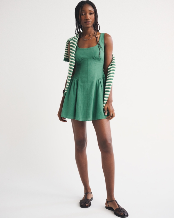 A&F Dylan Bra-Free Linen-Blend Mini Dress, Pine Green view 2