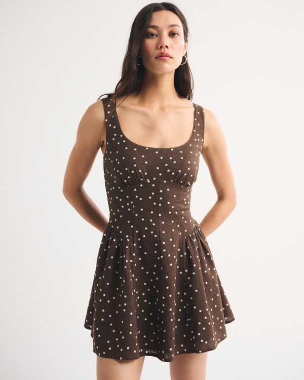 brown polka dot dress abercrombie Abercrombie & Fitch v neck mini dress in brown and blue polka dot
