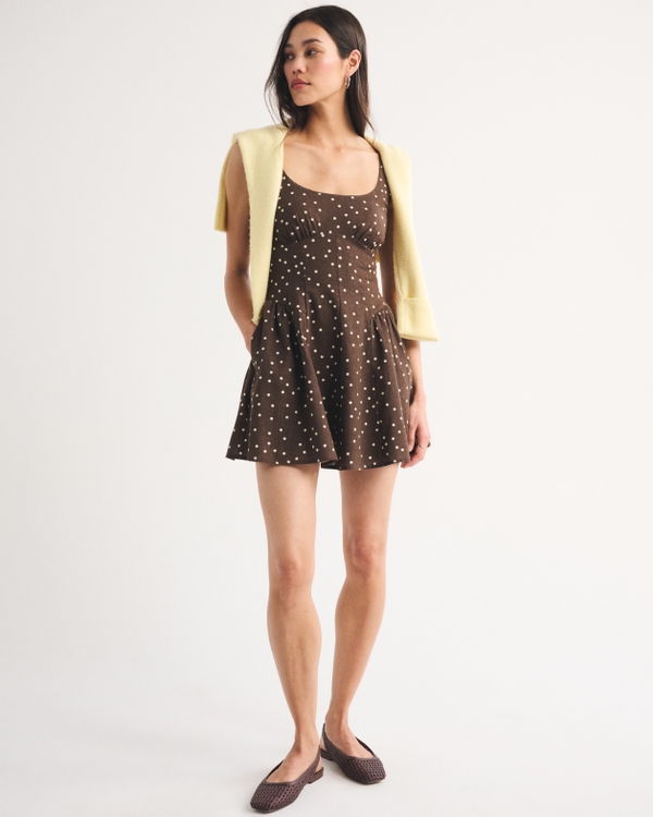 brown polka dot dress abercrombie Abercrombie & Fitch v neck mini dress in brown and blue polka dot