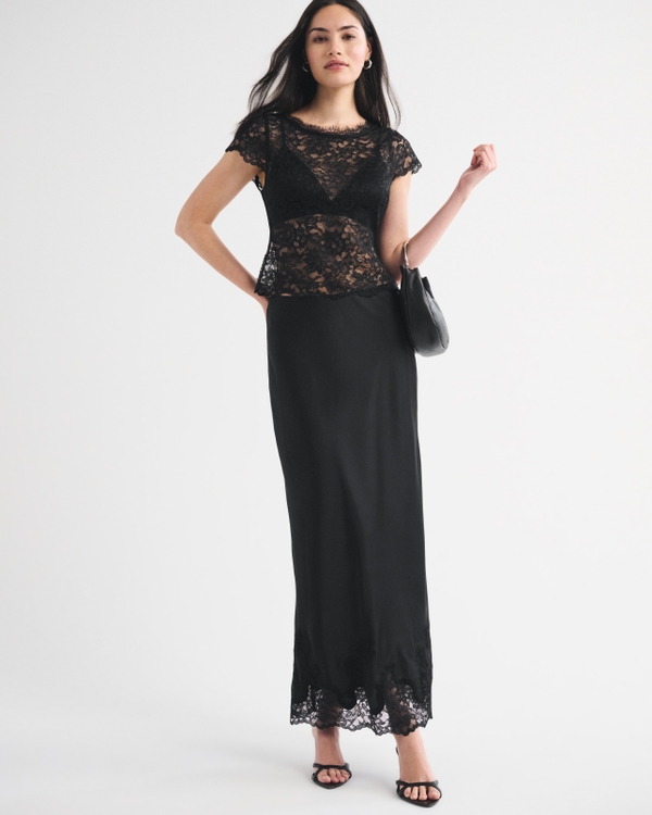 High Rise Lace-Trim Satin Maxi Skirt