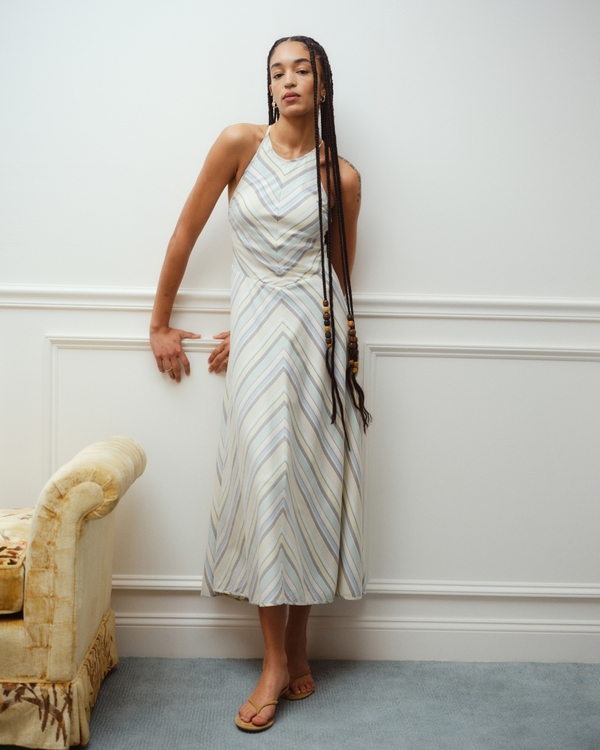 Open-Back Halter Chevron Maxi Dress, Green Stripe view 1
