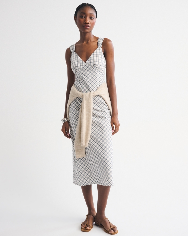 Bra-Free V-Neck Slip Midi Dress, Cream Plaid view 1