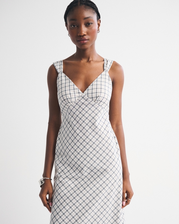 Bra-Free V-Neck Slip Midi Dress, Cream Plaid view 2