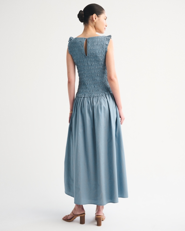 A&F Sydney Smocked Drop-Waist Ruffle Midi Dress