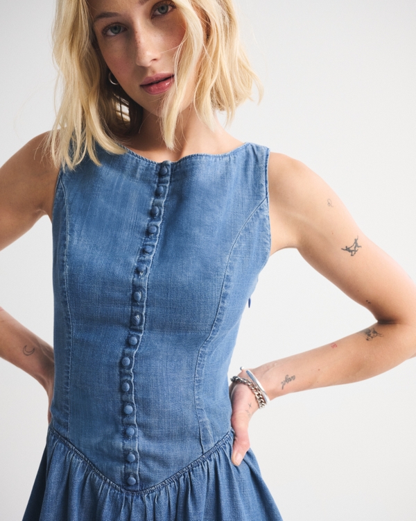 Denim High-Neck Button-Through Mini Dress