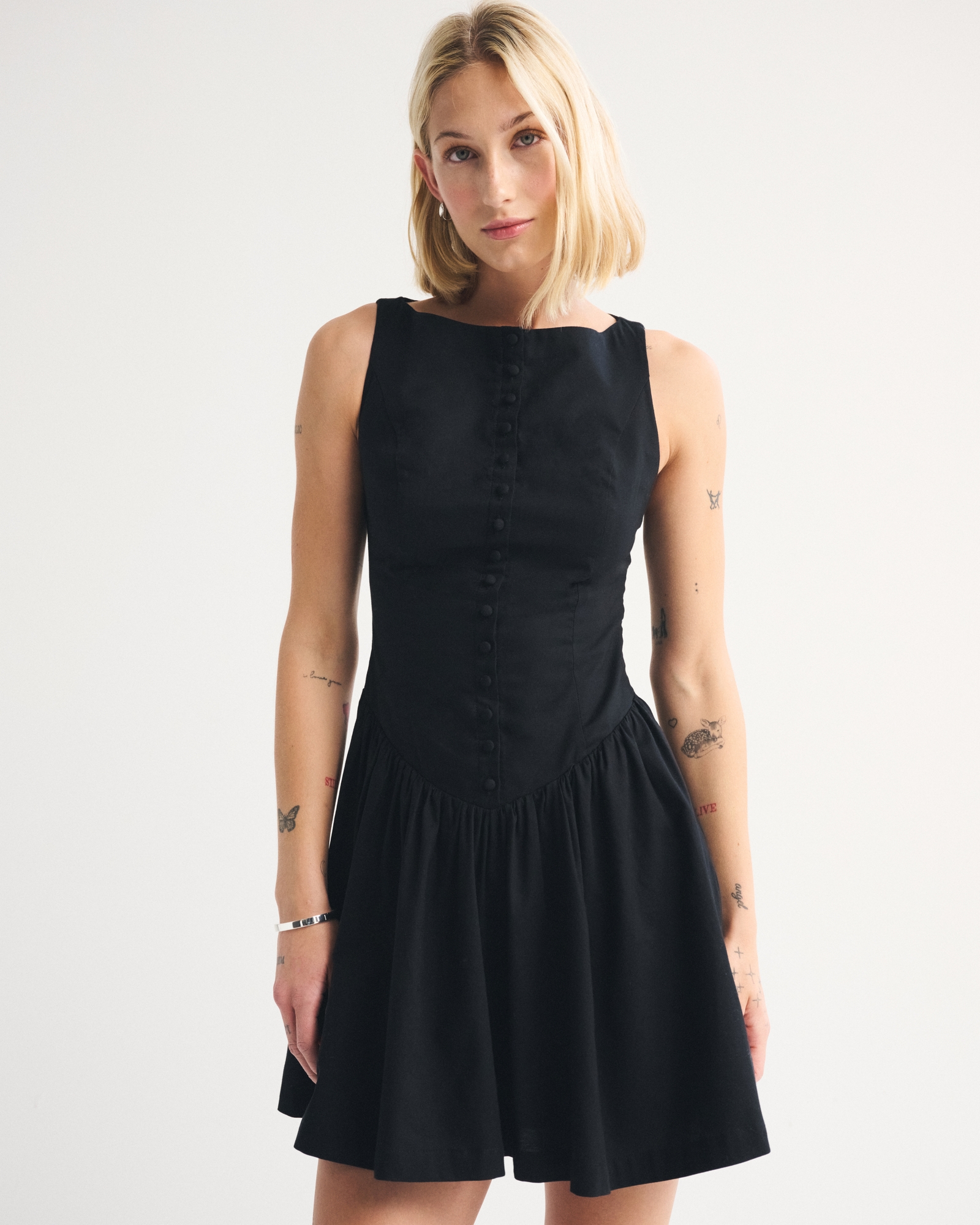 Denim High-Neck Button-Through Mini Dress