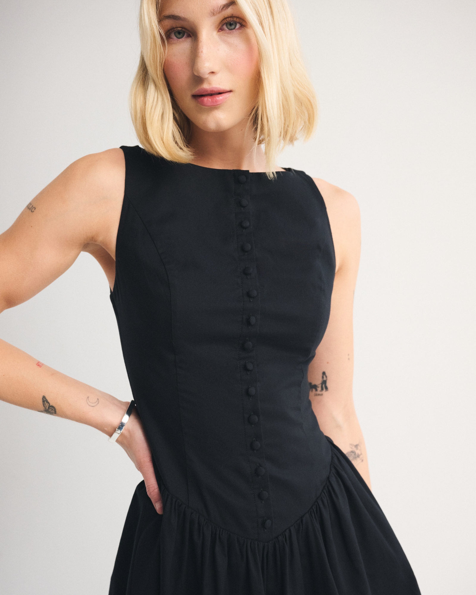 Denim High-Neck Button-Through Mini Dress