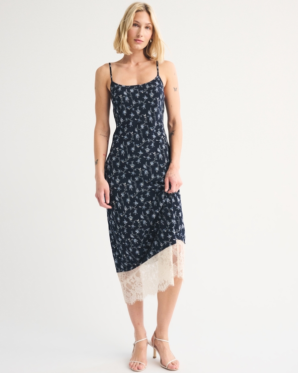 Lace-Trim Scoopneck Slip Midi Dress, Dark Blue Floral view 1