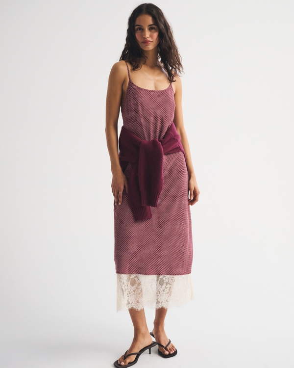 Lace-Trim Scoopneck Slip Midi Dress, Burgundy Pattern view 1