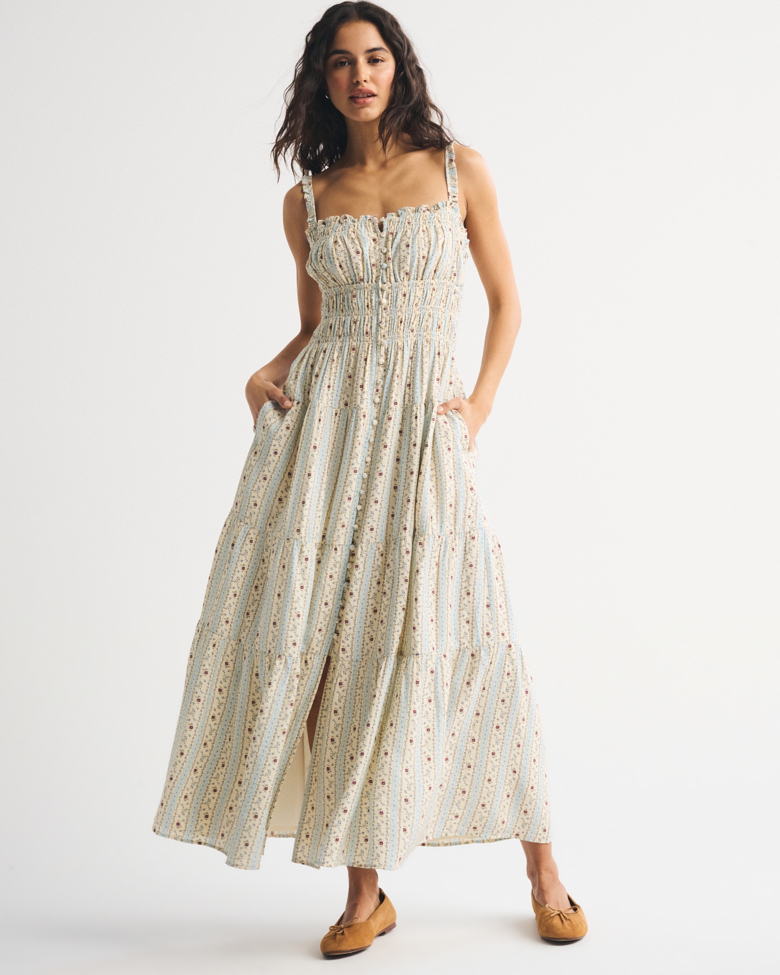 Bra-Free Button-Through Smocked Midi Dress