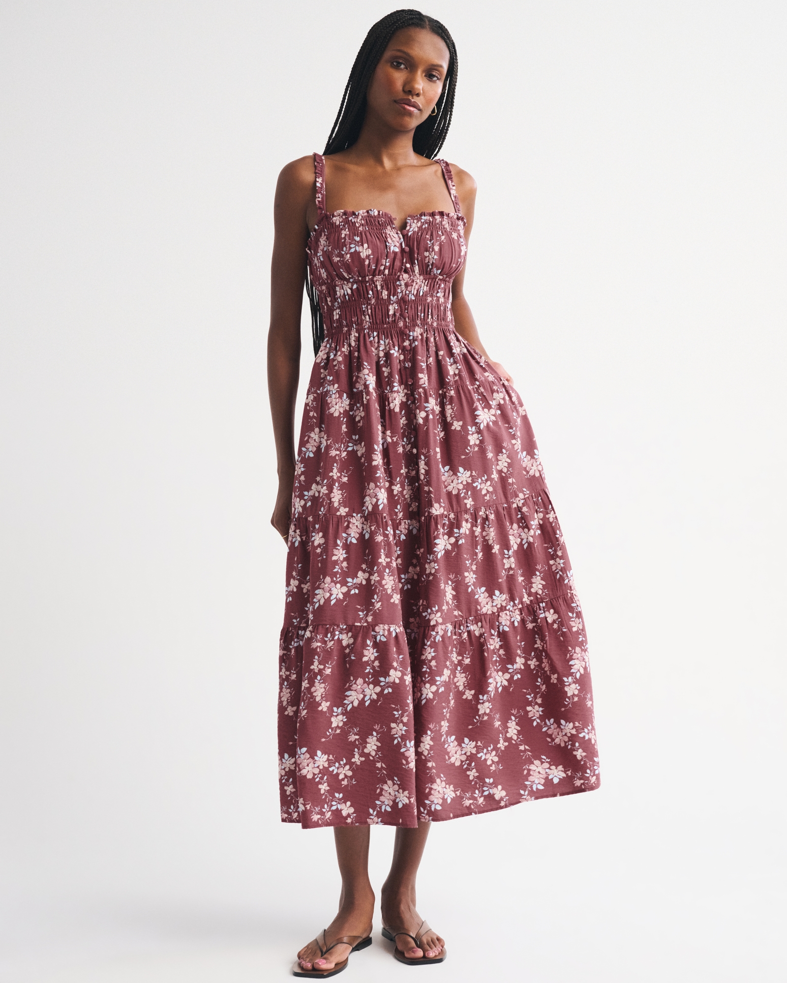 Abercrombie & Fitch Ruffle Strap Smocked Midi Dress | MainPlace Mall