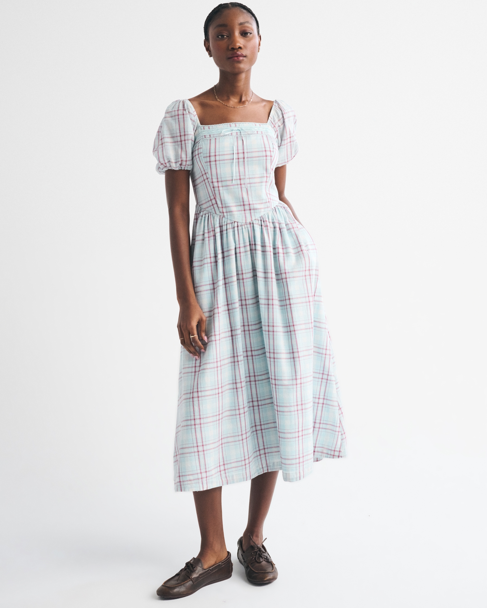 A&F Emerson Puff Sleeve Dipped-Waist Midi Dress