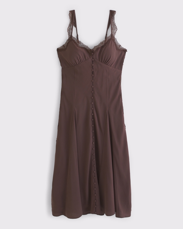 knee length dresses for ladies Brown Lace Trim Detail Pearl Button Up Self Tie Waist Dress