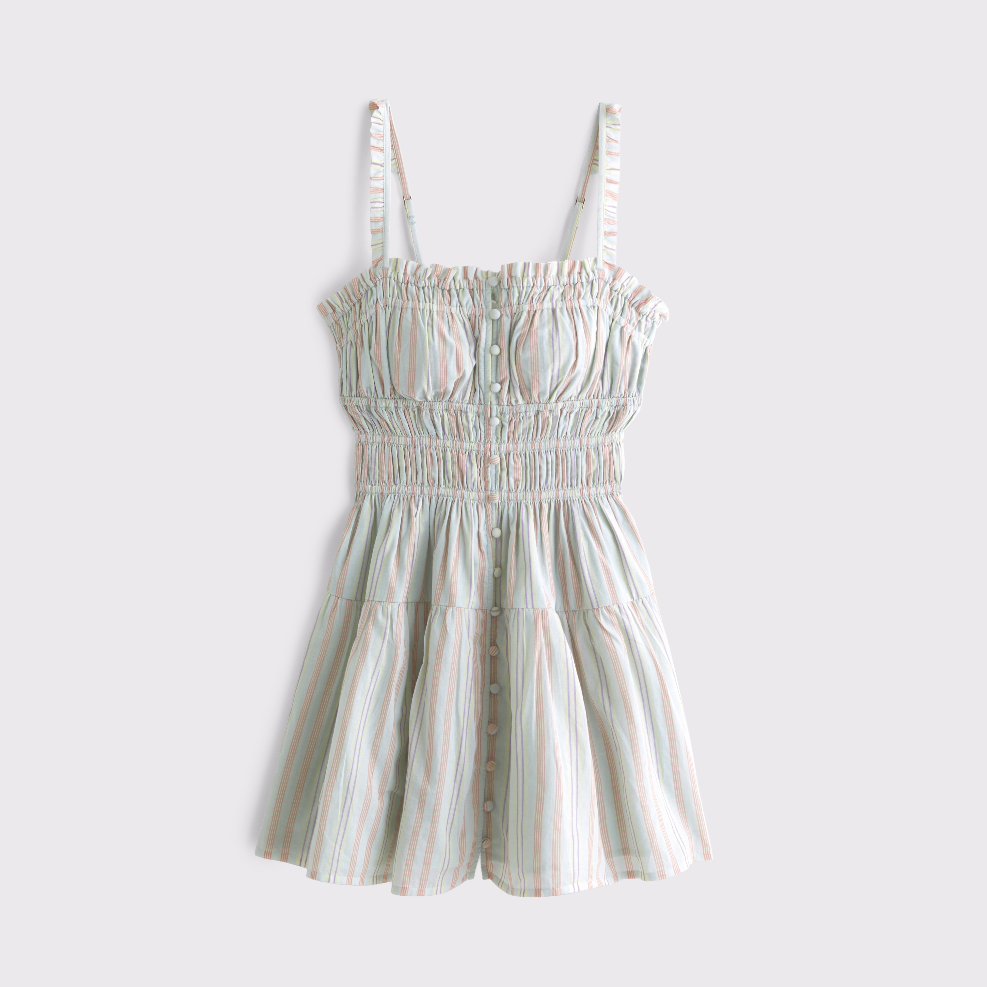 Женское платье Abercrombie & Fitch Bra-Free Button-Through Smocked Mini, цвет: Светлый синий полосатый — фото 1