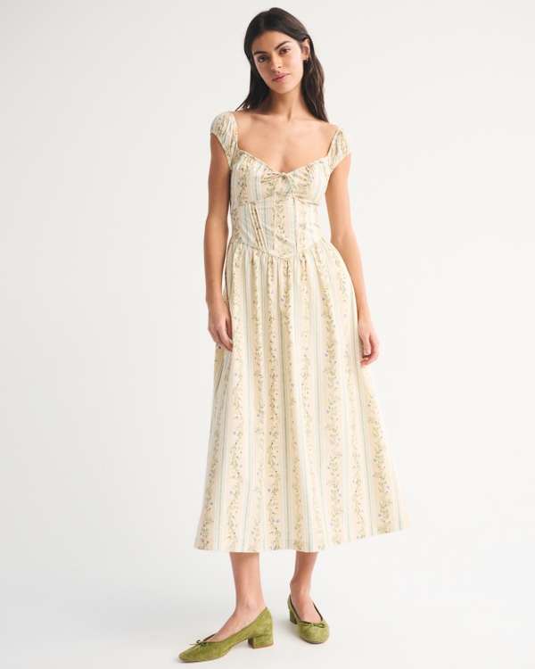 Bra-Free Cap Sleeve Dipped-Waist Midi Dress, Yellow Stripe view 1