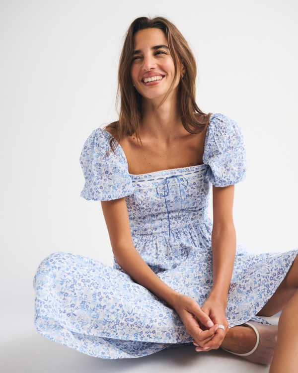 The A&F Emerson Puff Sleeve Midi Dress, Blue Floral view 1
