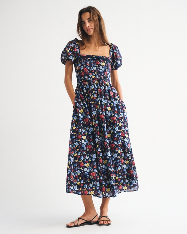 The A&F Emerson Puff Sleeve Midi Dress, Navy Floral view 1