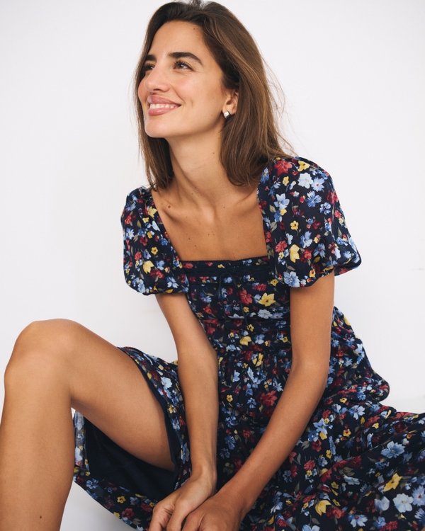 The A&F Emerson Puff Sleeve Midi Dress, Navy Floral view 2