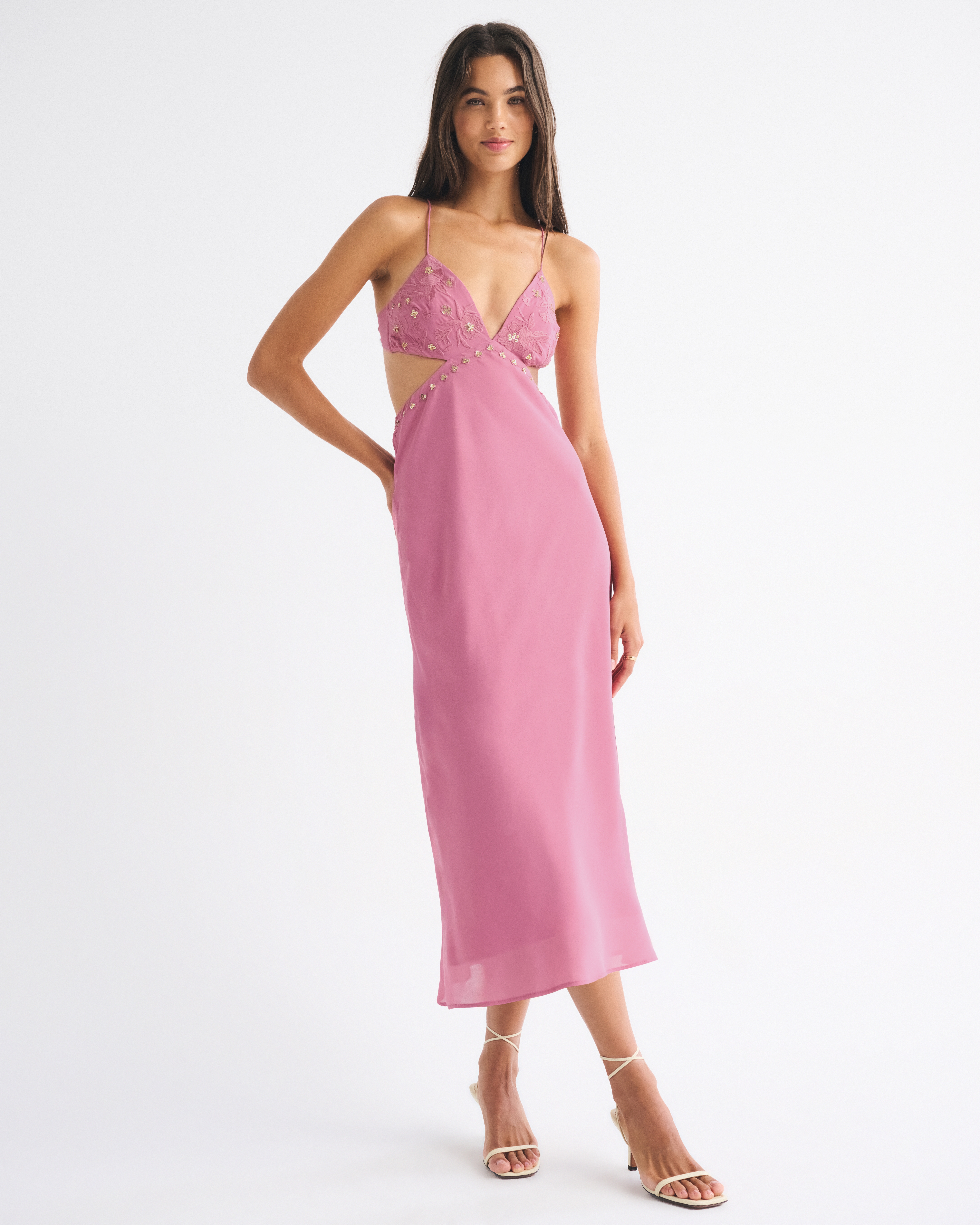Abercrombie & Fitch Beaded Cutout Slip Midi Dress In Pink