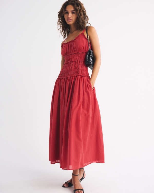 Smocked Drop-Waist Maxi Dress, Fiery Red view 1