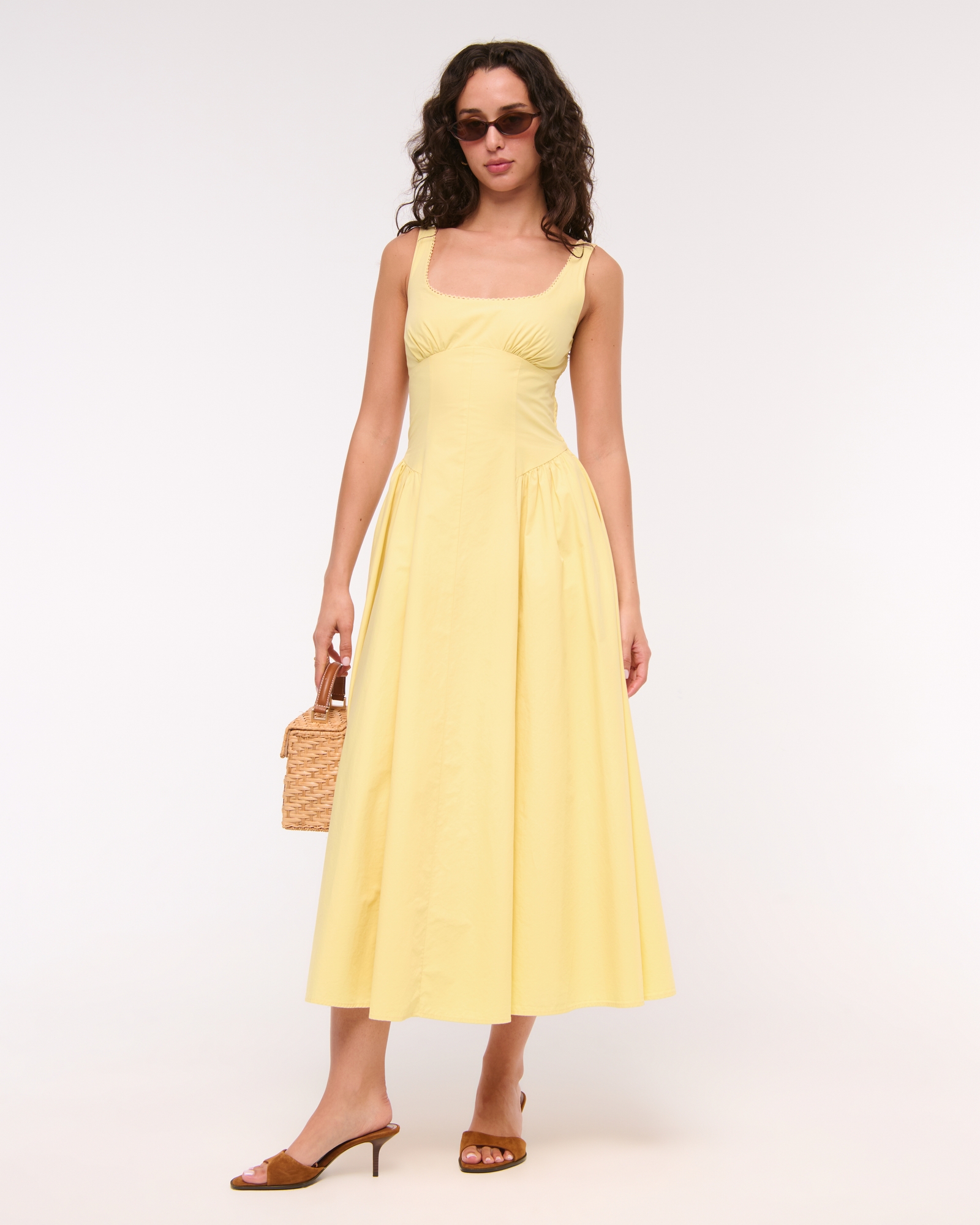 Dipped-Waist Scoopneck Midi Dress