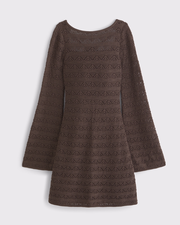 Long-Sleeve Tie-Back Crochet-Style Mini Dress, Dark Brown view 2