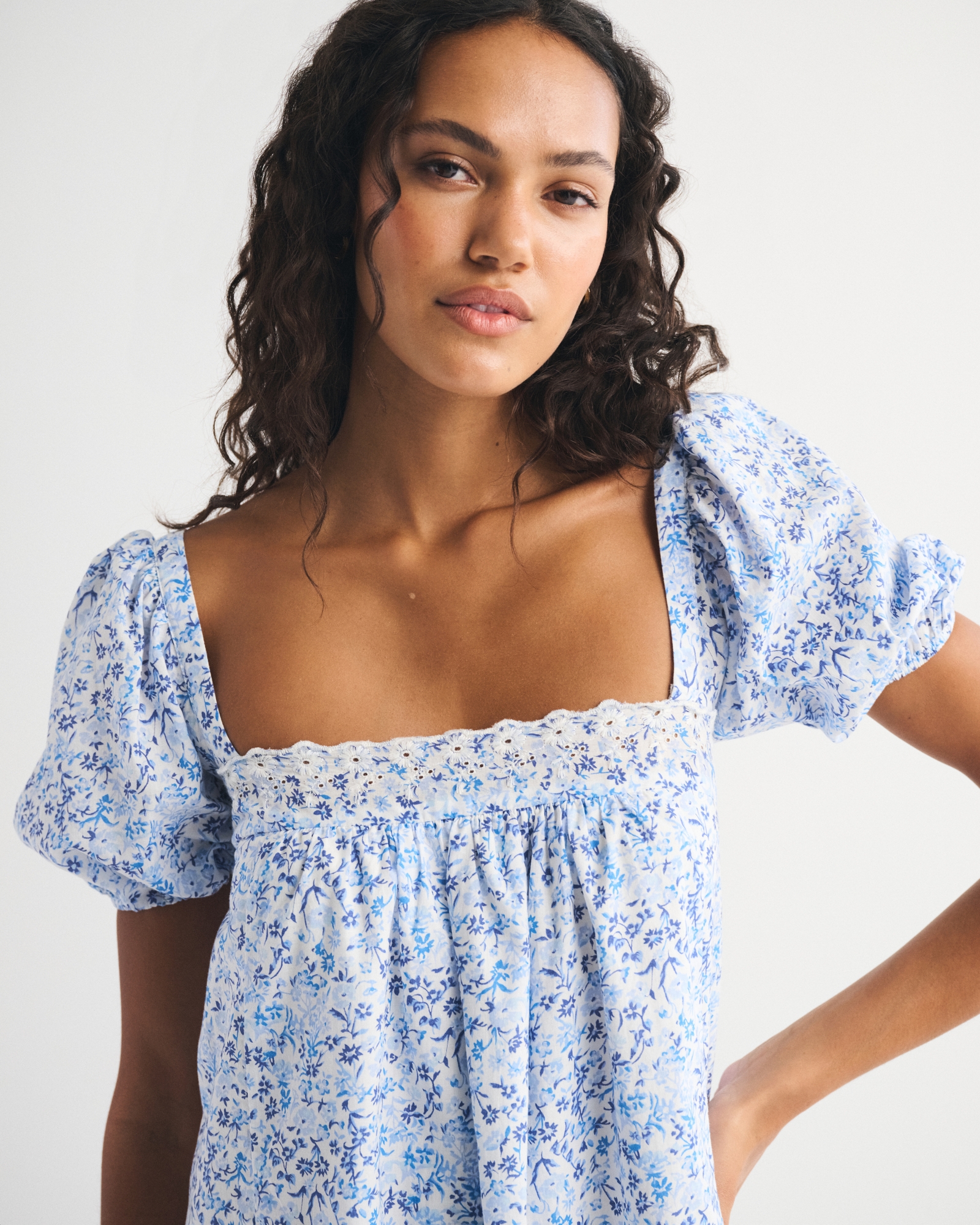 Puff Sleeve Lace-Trim Mini Dress