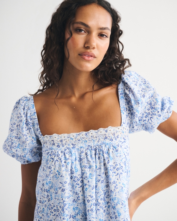 Puff Sleeve Lace-Trim Mini Dress, Blue Pattern view 1