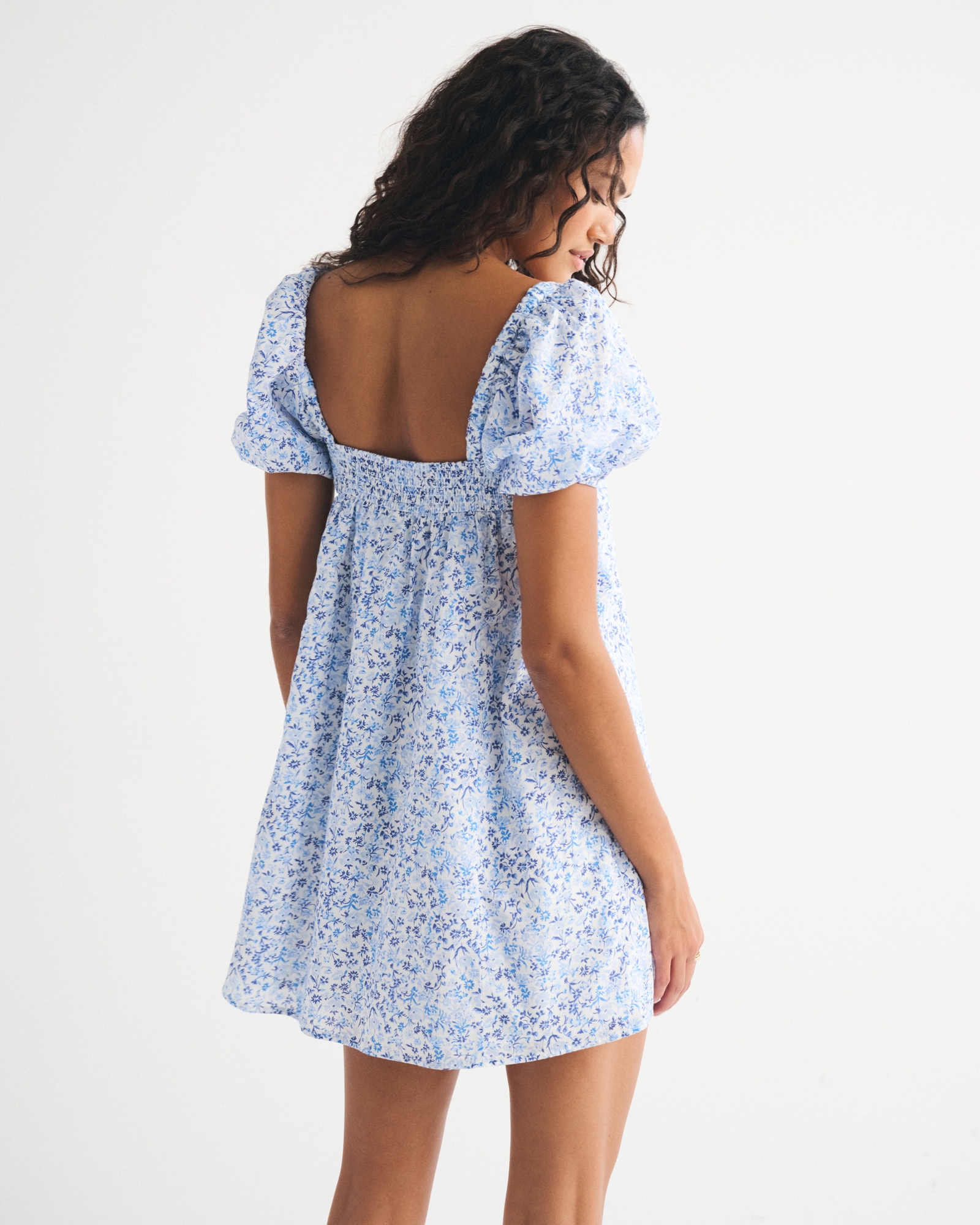 Puff Sleeve Lace-Trim Mini Dress