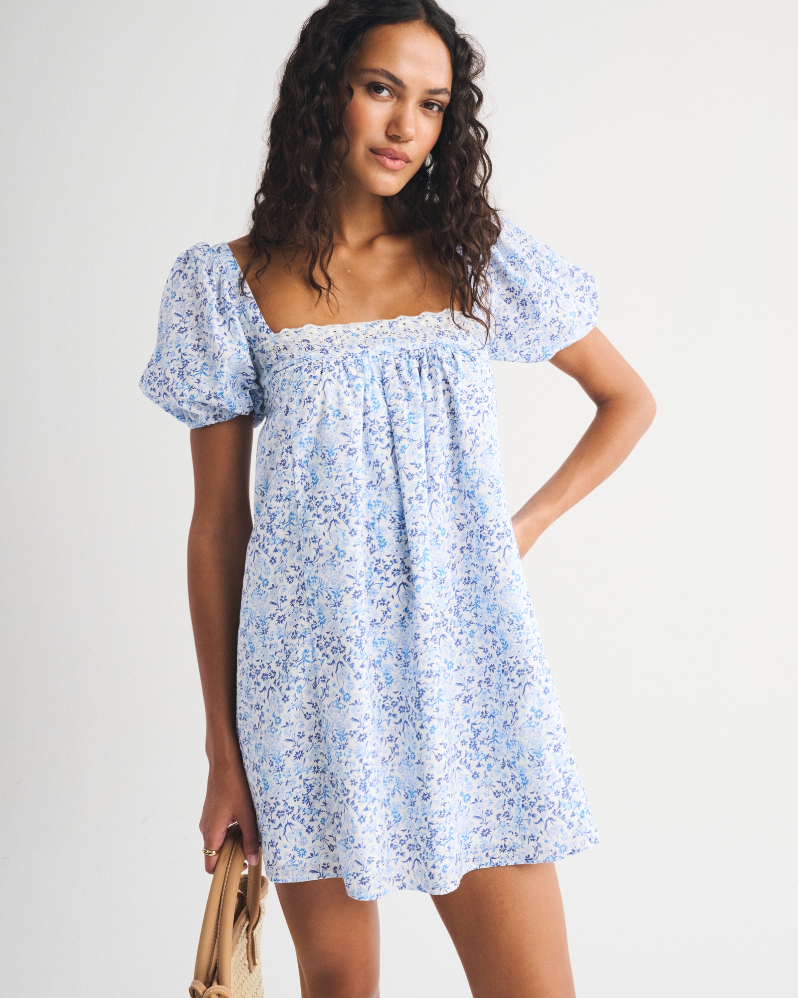 Puff Sleeve Lace-Trim Mini Dress